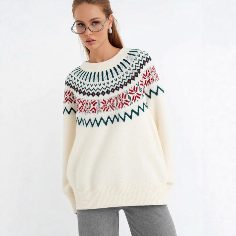 Women's Knit Sweater with Festive Norwegian Motif and Wide Cut