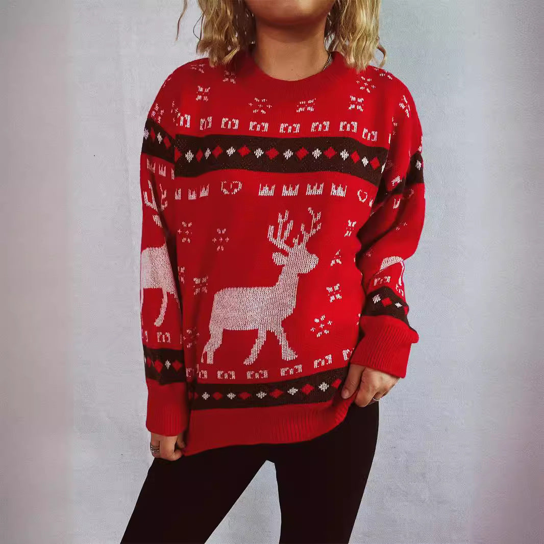 Women's Christmas Sweater with Festive Reindeer Motif and Comfortable Fit R&B