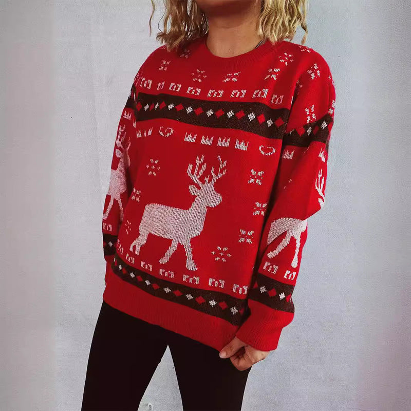 Women's Christmas Sweater with Festive Reindeer Motif and Comfortable Fit R&B