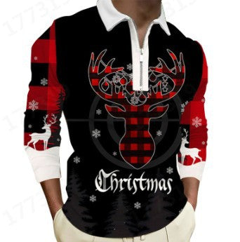 Men's Christmas Long-Sleeve Shirt with Festive Graphic Design and Practical Zipper R&B