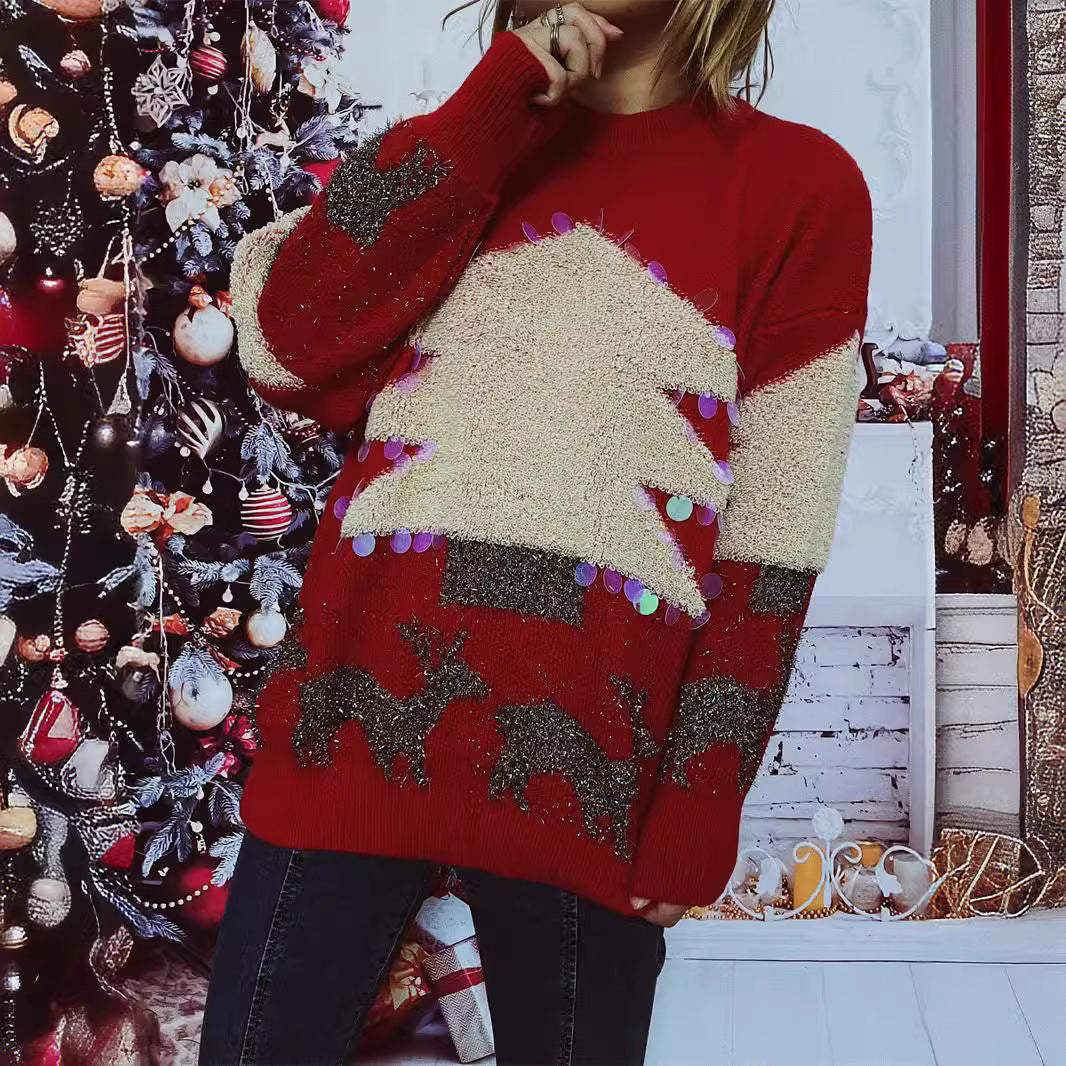 Women's Festive Sweater with Christmas Motif and Glitter Appliqués