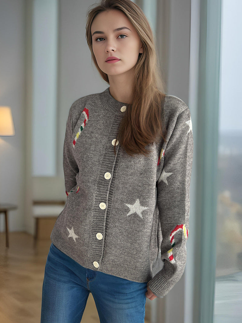 Women's Cardigan with Festive Motif and Decorative Buttons R&B