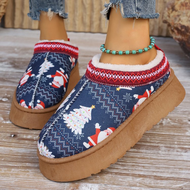 Women's Lined Platform Slippers with Christmas Print and Faux Fur Collar