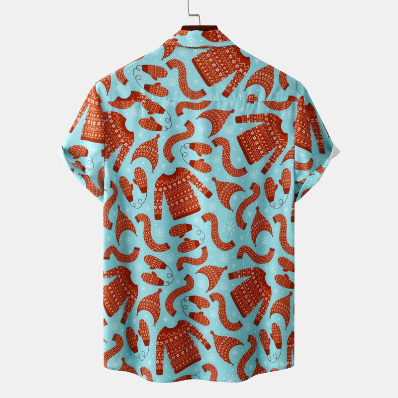 Men's Short-Sleeve Shirt with Creative Christmas Pattern and Breathable Cotton
