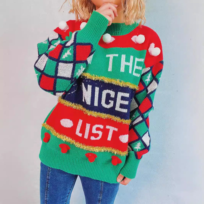 Women's Festive Sweater with Christmas Design and Playful Details
