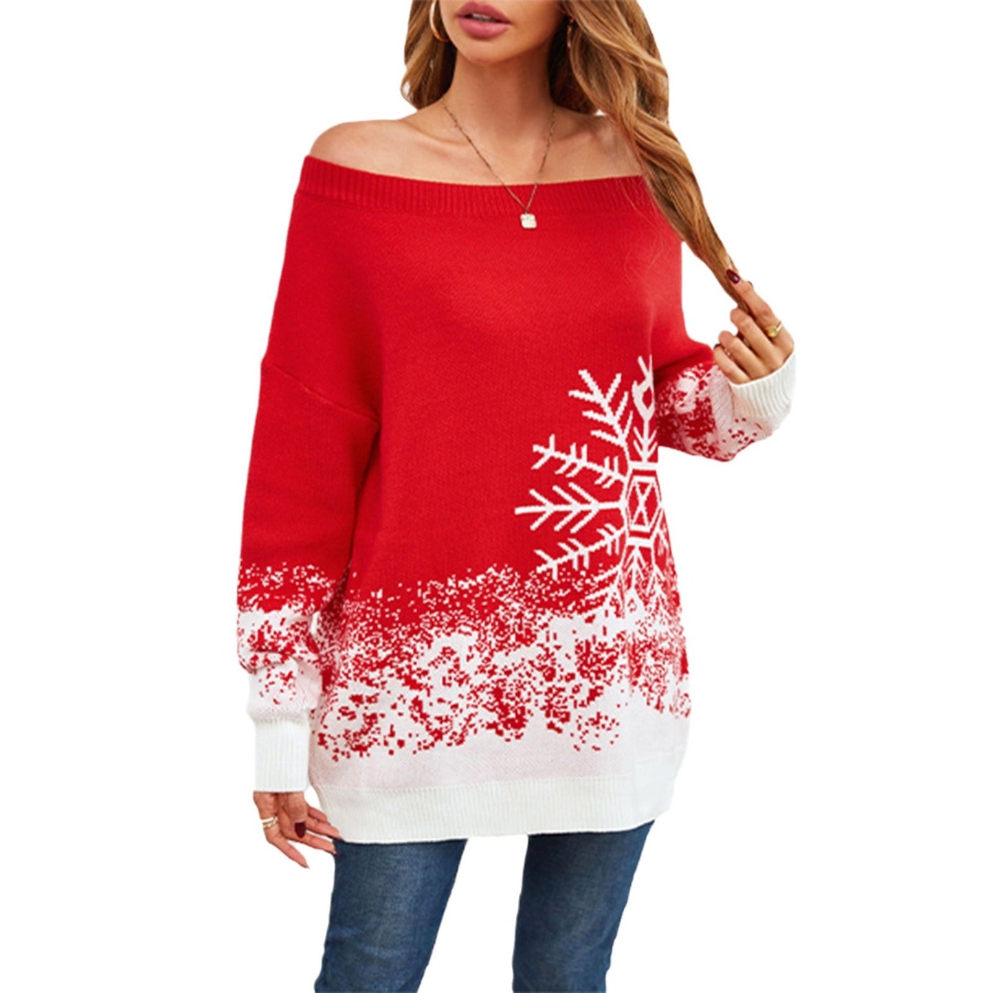 Women's Christmas Knit Sweater with Casual Cut and Snowflake Motif