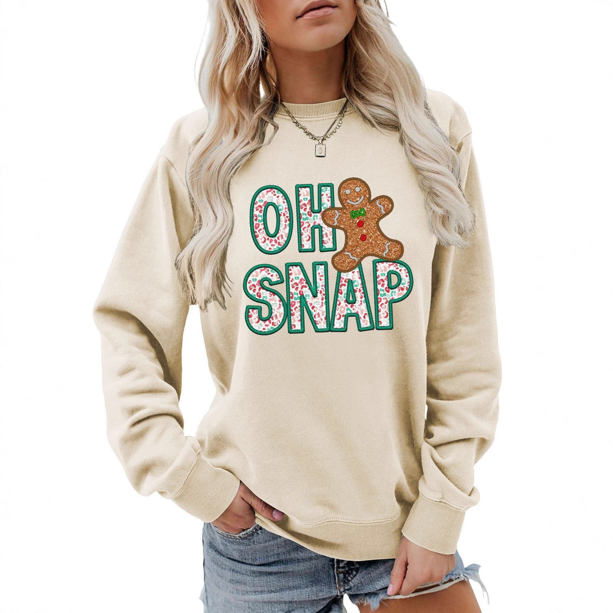 Women's Sweatshirt with Fun Gingerbread Man Motif and Sparkling Lettering
