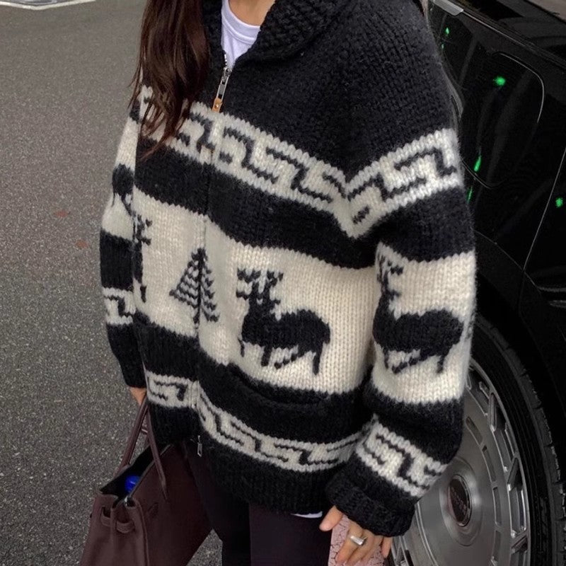 Women's Cozy Zip Cardigan with Festive Motif R&B