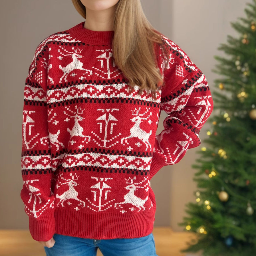 Women's Christmas Knit Sweater with Festive Reindeer Design and High Collar R&B