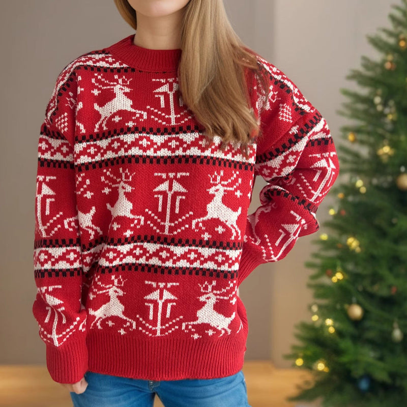 Women's Christmas Knit Sweater with Festive Reindeer Design and High Collar R&B