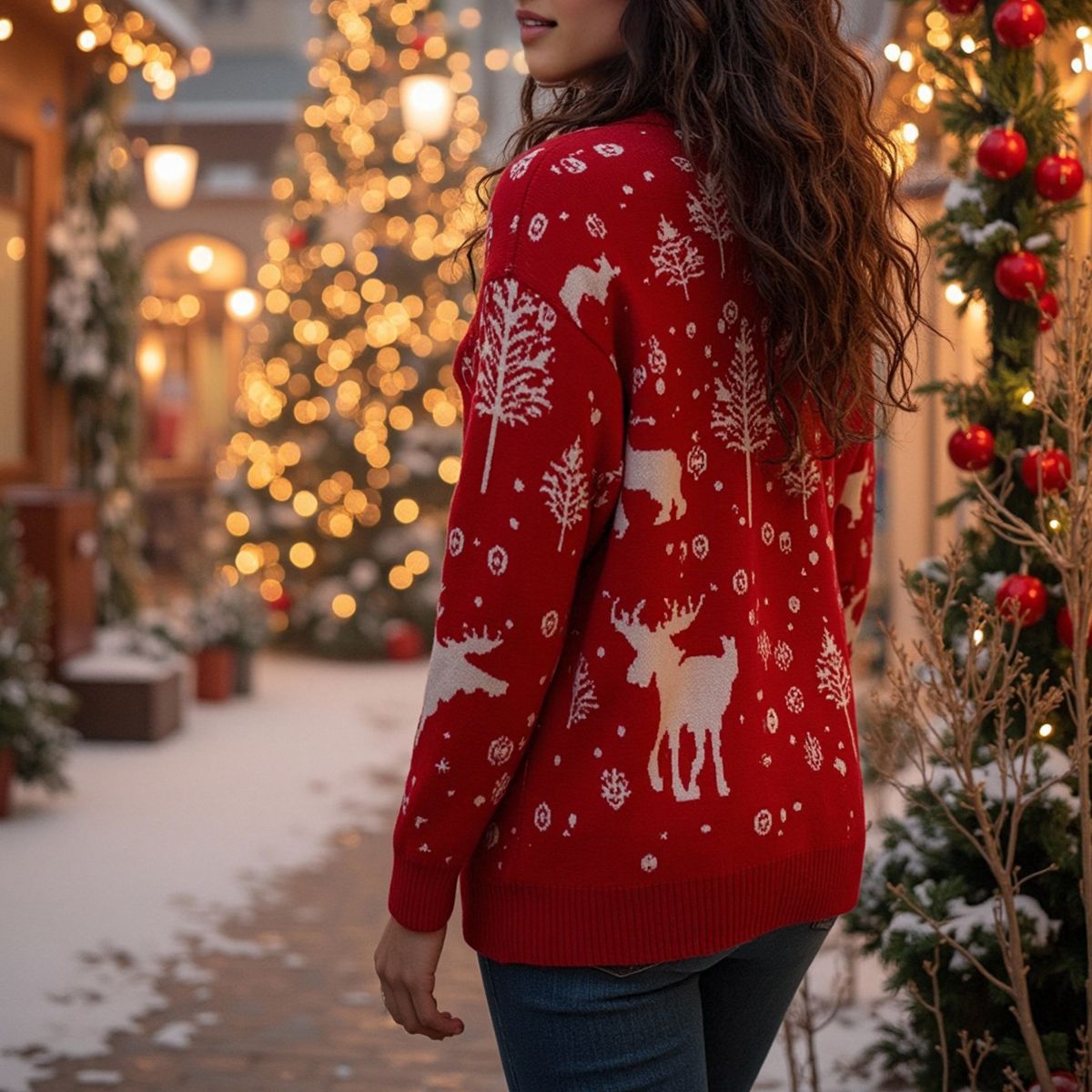 Women's Wintry Christmas Sweater with Festive Moose Design and High Collar R&B