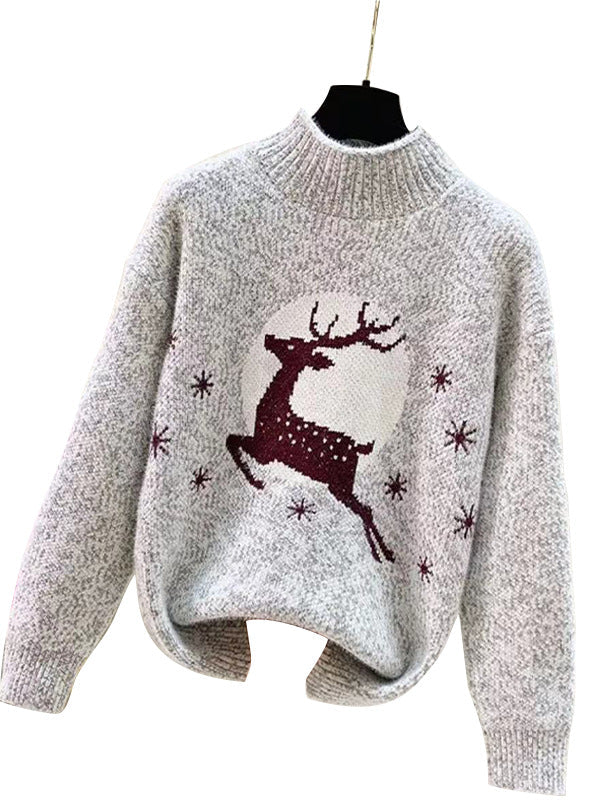 Women's Cozy Christmas Sweater with High Collar and Festive Reindeer Motif