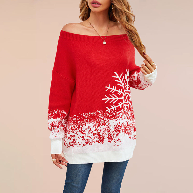 Women's Festive Christmas Sweater with Elegant Snowflake Motif and Off-Shoulder Design