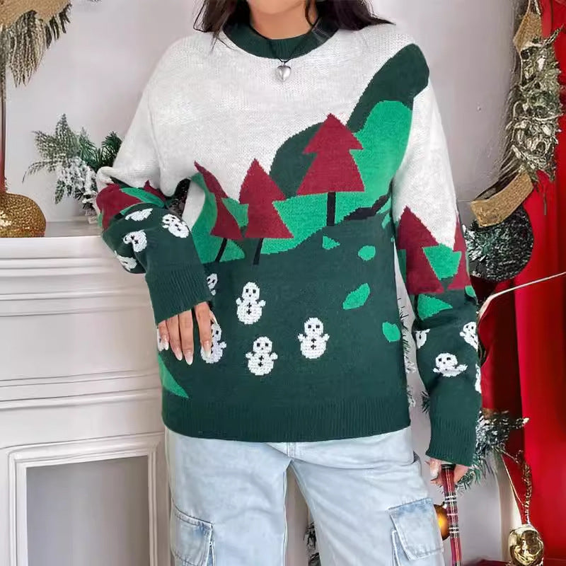 Women's Christmas Sweater with Festive Snow Motif and High Collar