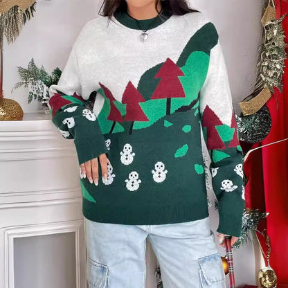 Women's Christmas Sweater with Festive Snow Motif and High Collar