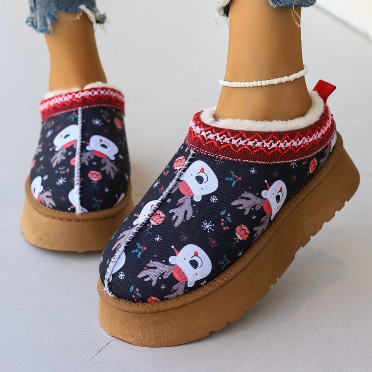 Women's Lined Platform Slippers with Christmas Print and Faux Fur Collar