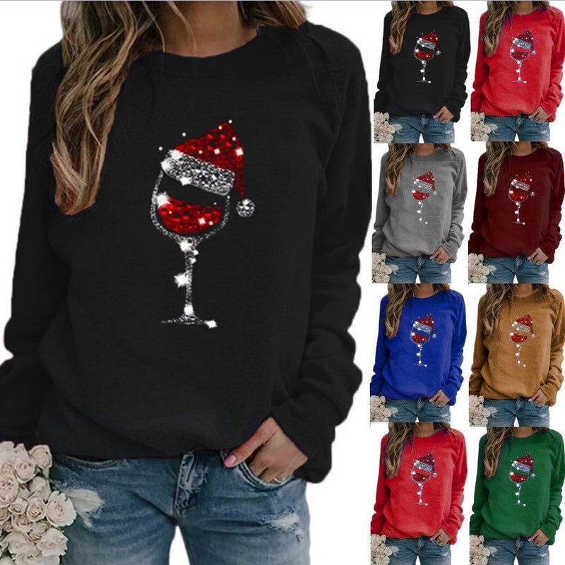 Women's Christmas Sweatshirt with Sequin Wine Glass and Crew Neck