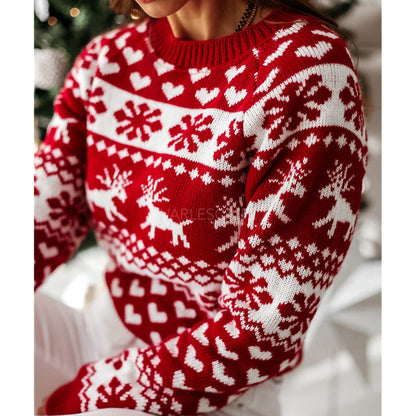 Women's Knit Sweater with Christmas Pattern and Crew Neck