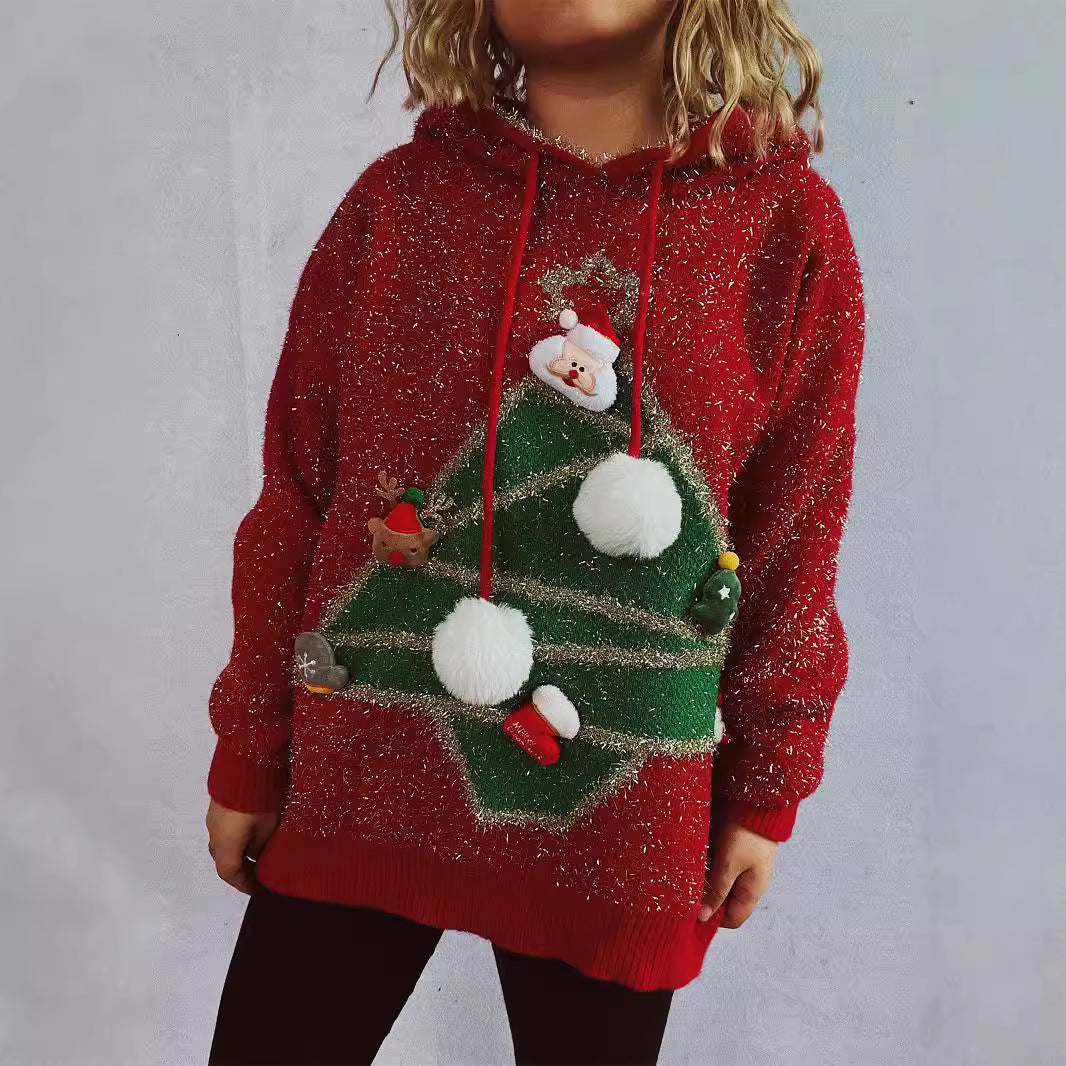 Women's Festive Hoodie with Christmas Motif and 3D Appliqués