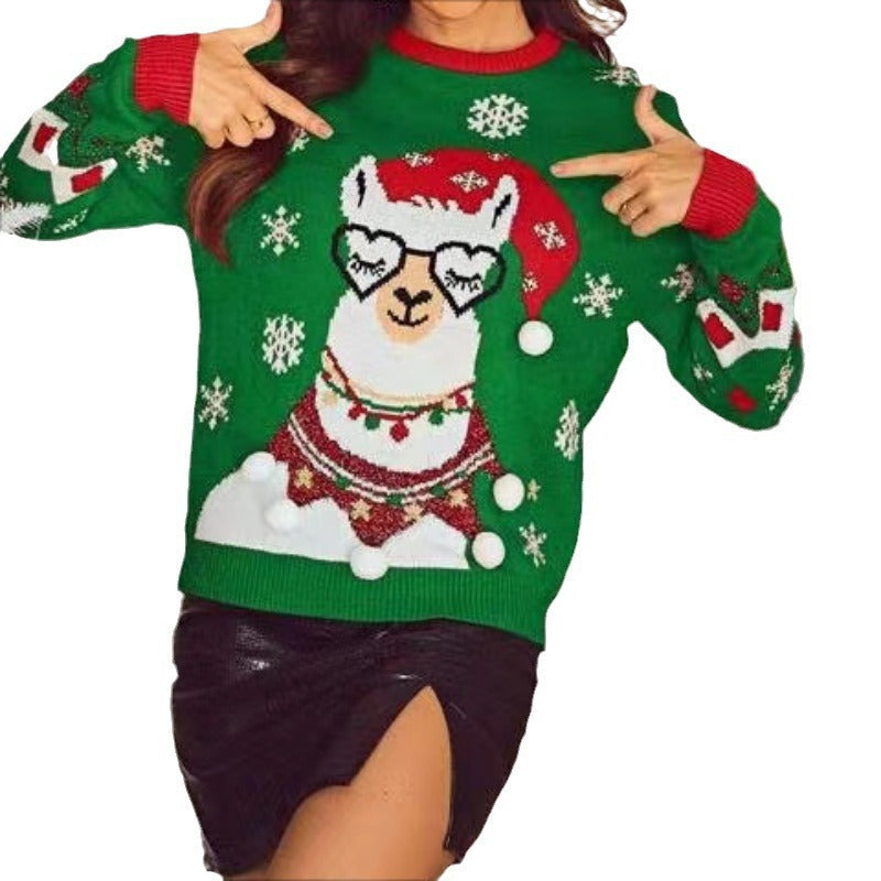 Women's Christmas Sweater with Playful Llama Motif and Decorative Pom-Poms