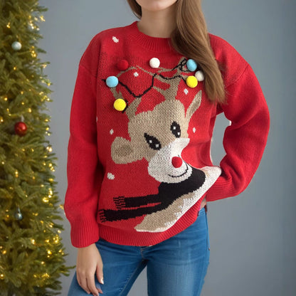 Women's Christmas Sweater with Unique Reindeer Motif and Colorful Appliqués