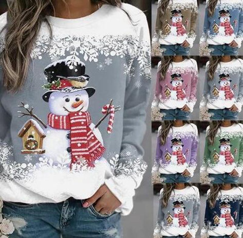 Women's Sweatshirt with Christmas Snowman Motif and Long Sleeves