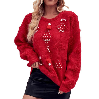 Women's Cozy Christmas Sweater with 3D Details and Festive Embroidery