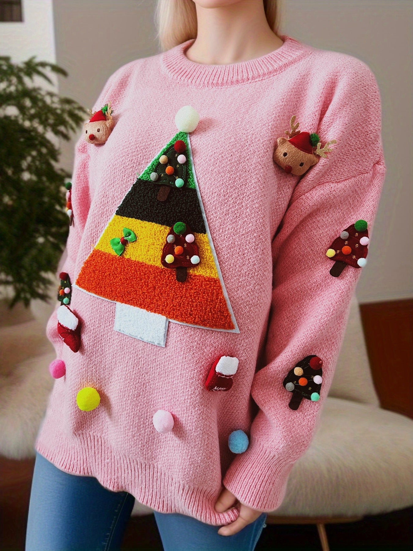Women's Christmas Sweater with Festive 3D Motif and Decorative Appliqués