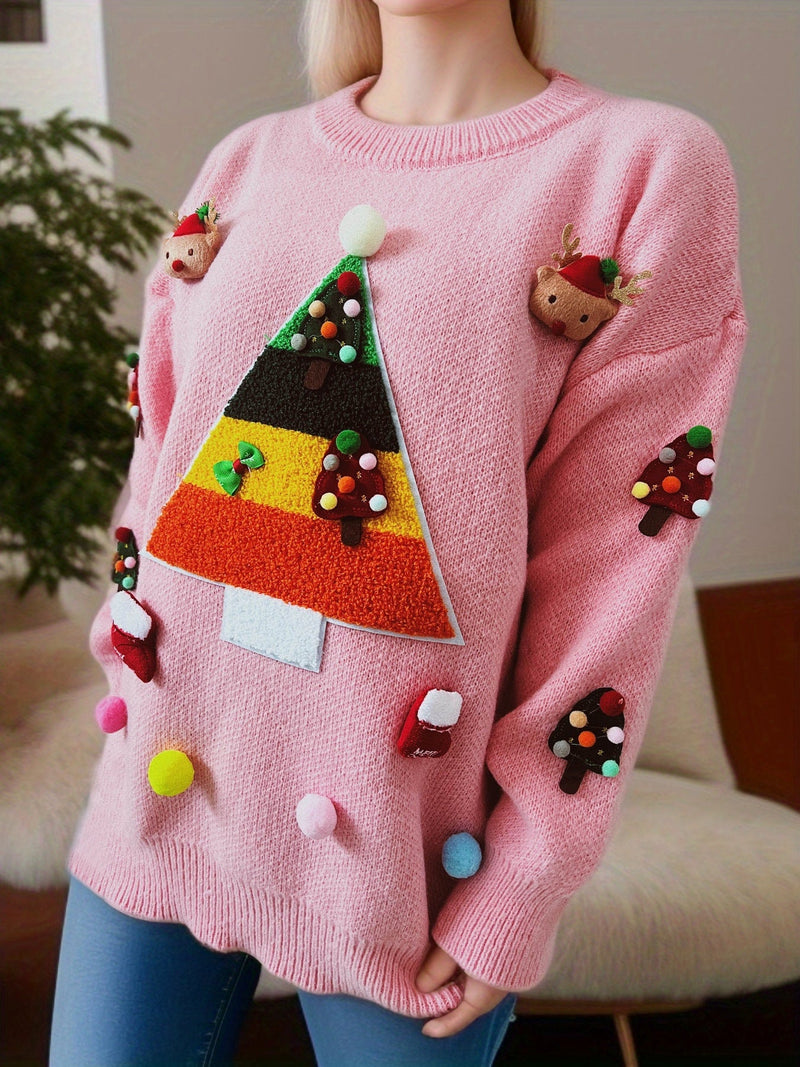 Women's Christmas Sweater with Festive 3D Motif and Decorative Appliqués