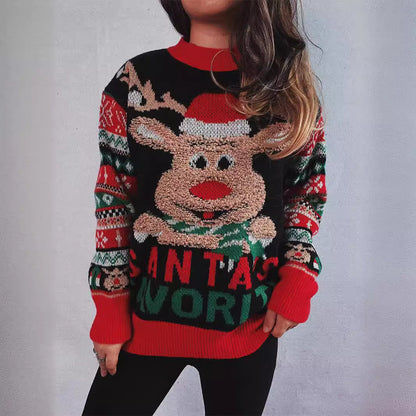 Women's Christmas Sweater with Festive Reindeer Motif and Colorful Patterns