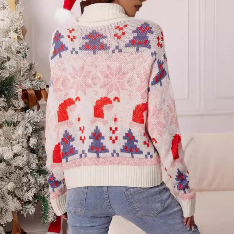 Women's Christmas Sweater with Festive Design and High Collar