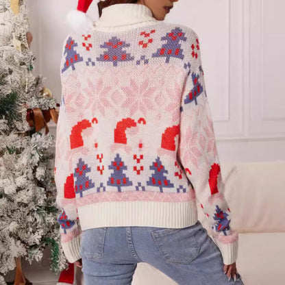 Women's Christmas Sweater with Festive Design and High Collar