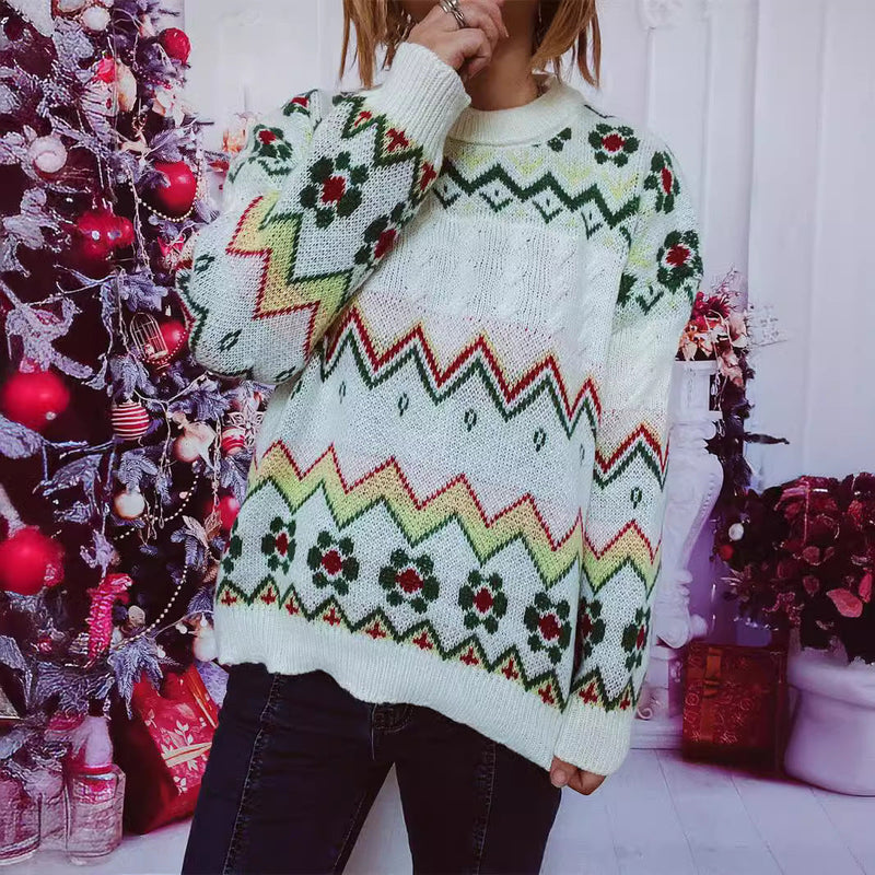 Women's Festive Knit Sweater with Nordic Pattern R&B