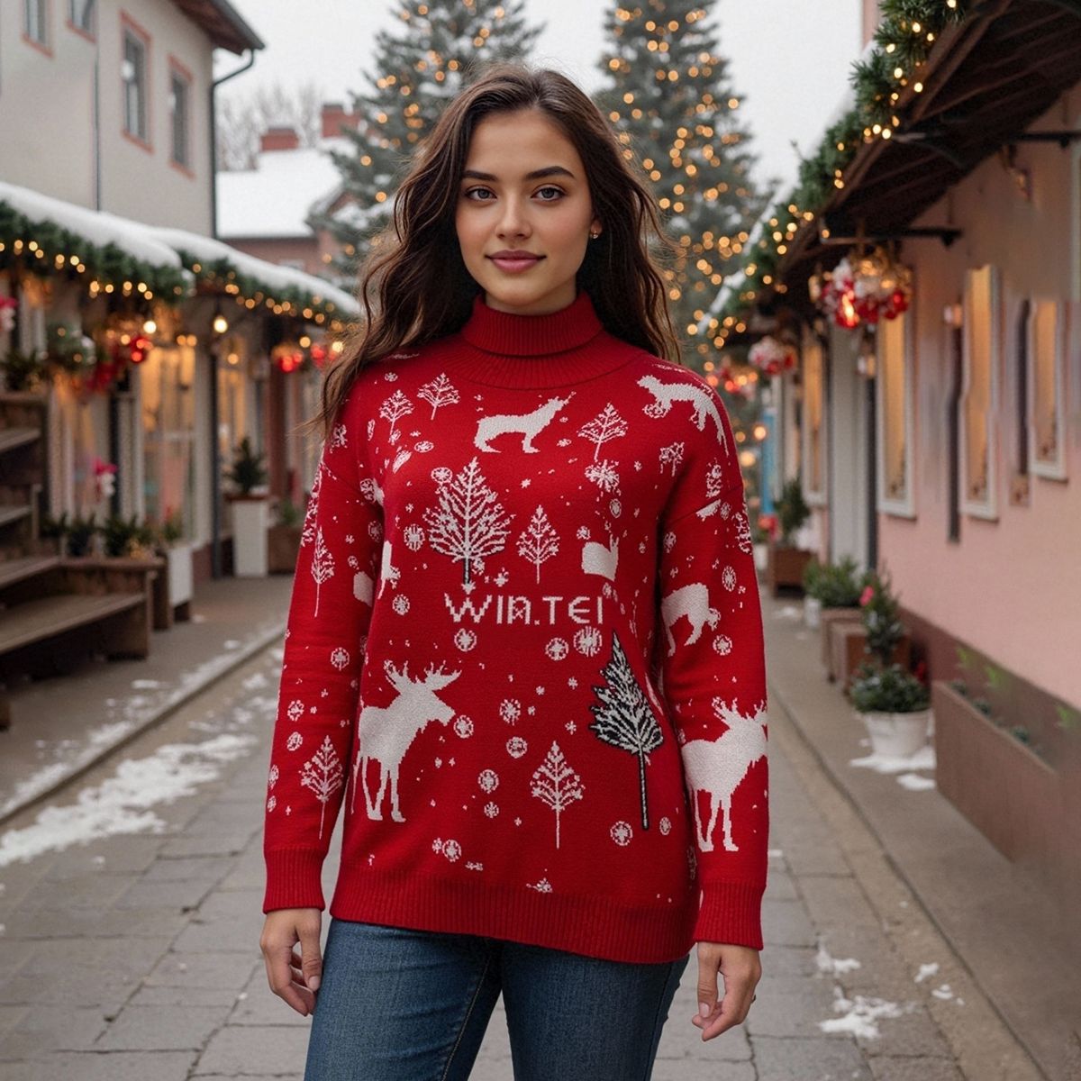 Women's Wintry Christmas Sweater with Festive Moose Design and High Collar R&B