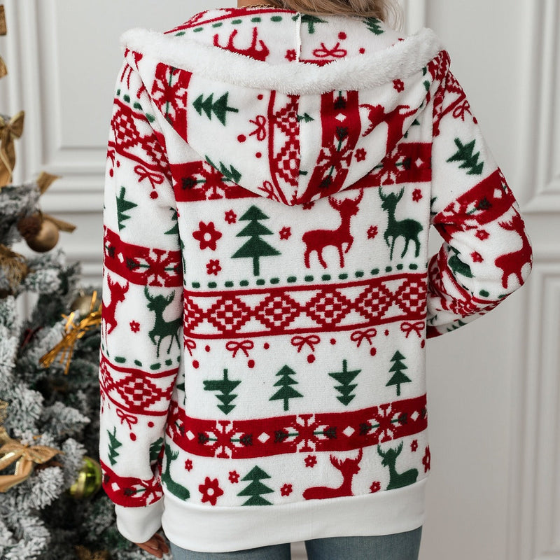 Women's Cozy Hooded Sweater with Festive Motif
