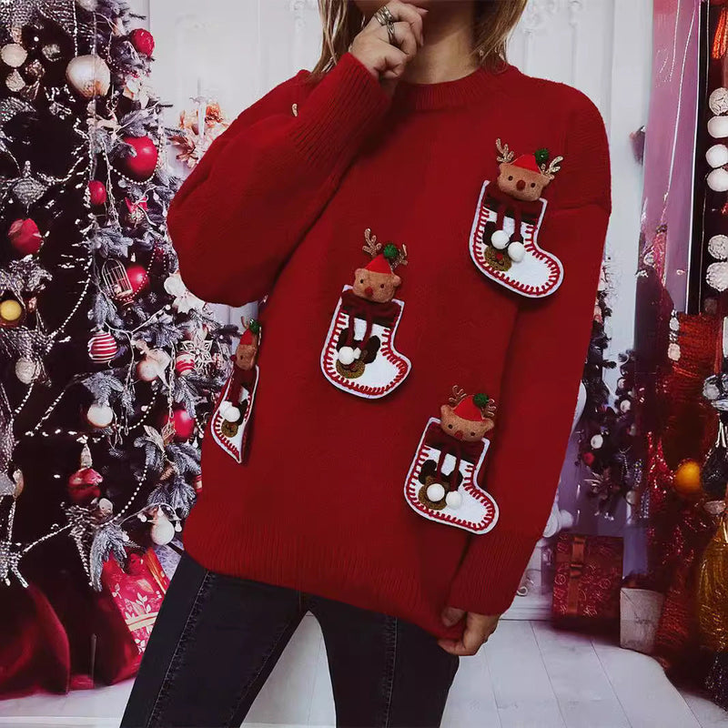 Women's Christmas Knit Sweater with Festive Reindeer Motif and 3D Details R&B