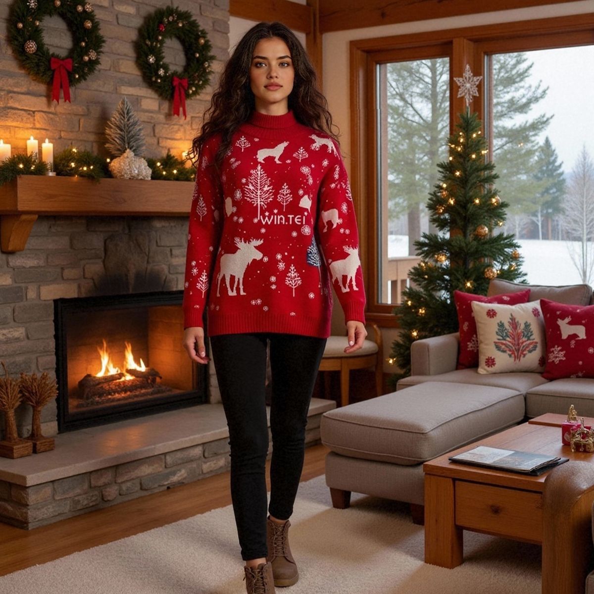 Women's Wintry Christmas Sweater with Festive Moose Design and High Collar R&B
