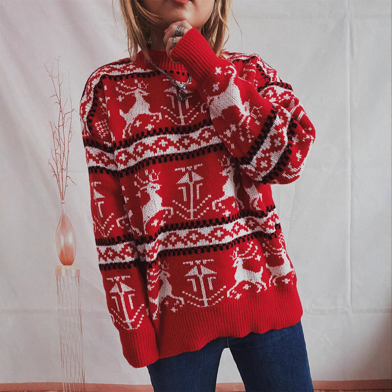 Women's Christmas Sweater in Festive Norwegian Pattern with Crew Neck R&B