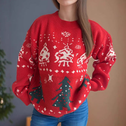 Women's Knit Christmas Sweater with Festive Motifs and Casual Cut