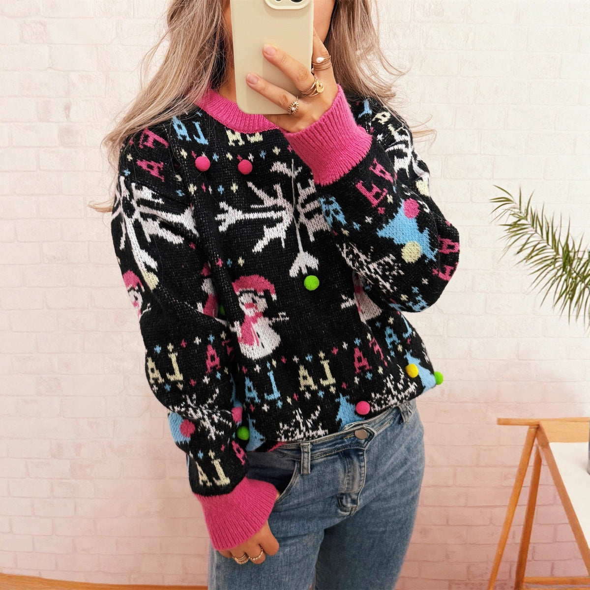 Women's Festive Sweater with Colorful Christmas Motifs and Playful Details