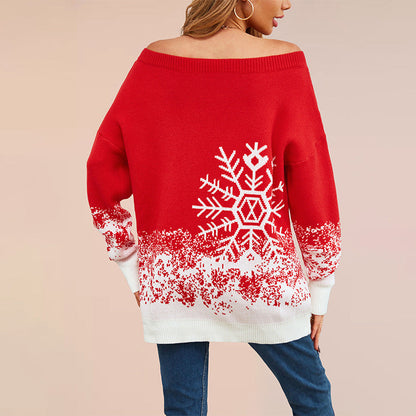 Women's Festive Christmas Sweater with Elegant Snowflake Motif and Off-Shoulder Design