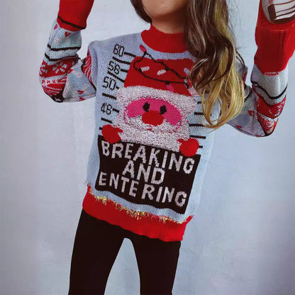 Women's Christmas Sweater with Festive Santa Motif and Shiny Accents R&B
