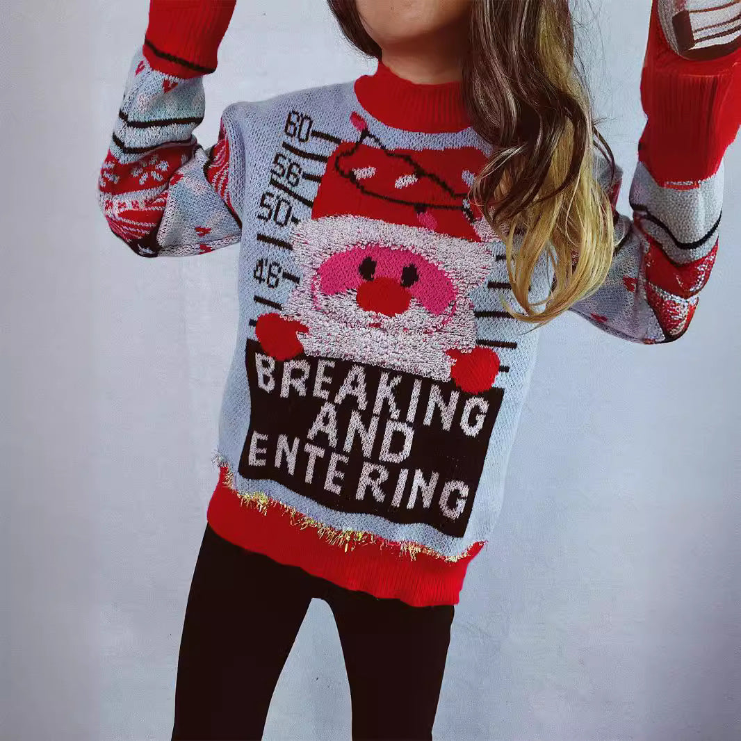 Women's Christmas Sweater with Festive Santa Motif and Shiny Accents