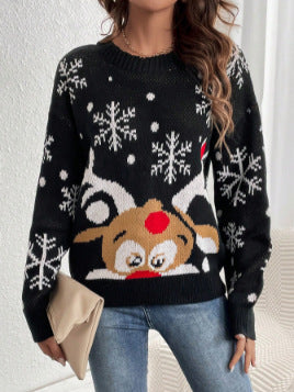 Women's Christmas Sweater with Fun Reindeer Motif and Snowflake Pattern
