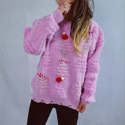 Women's Festive Sweater with Creative Christmas Motifs and Textured Design