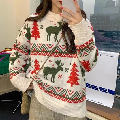 Women's Chunky Knit Sweater with Festive Reindeer Motif and Crew Neck R&B