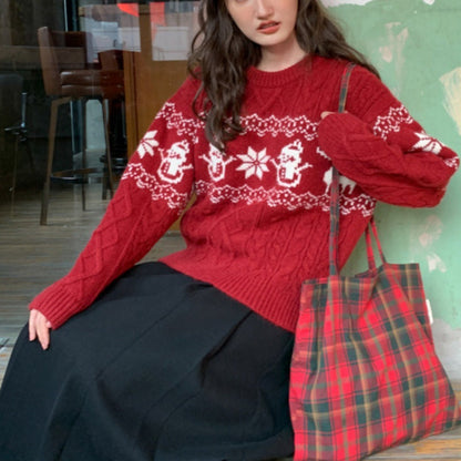 Women's Christmas Sweater with Festive Cable Pattern and Snowman Motif