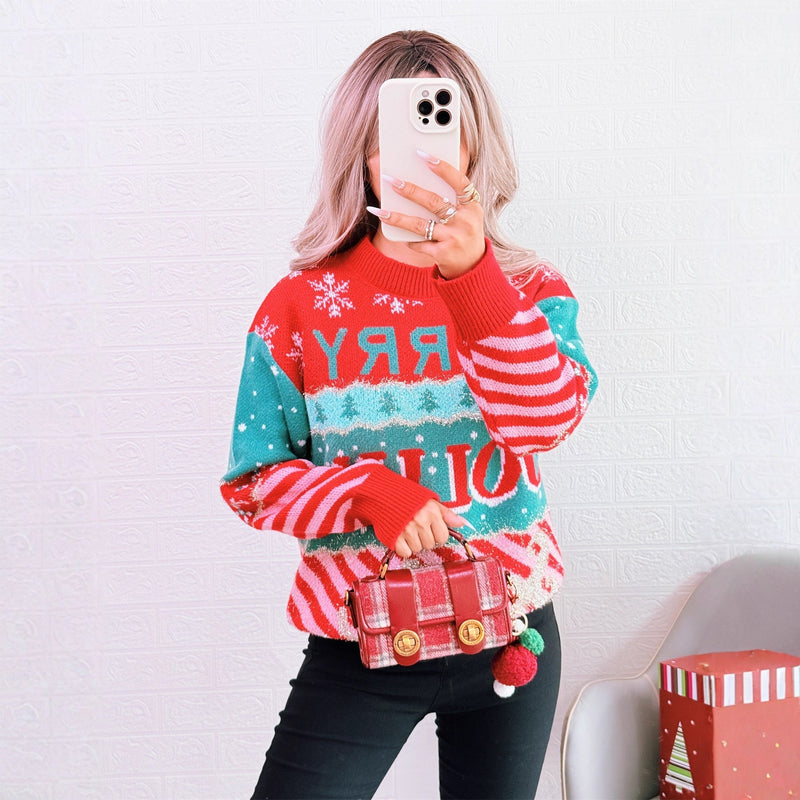 Women's Festive Knit Sweater with Creative Christmas Design R&B