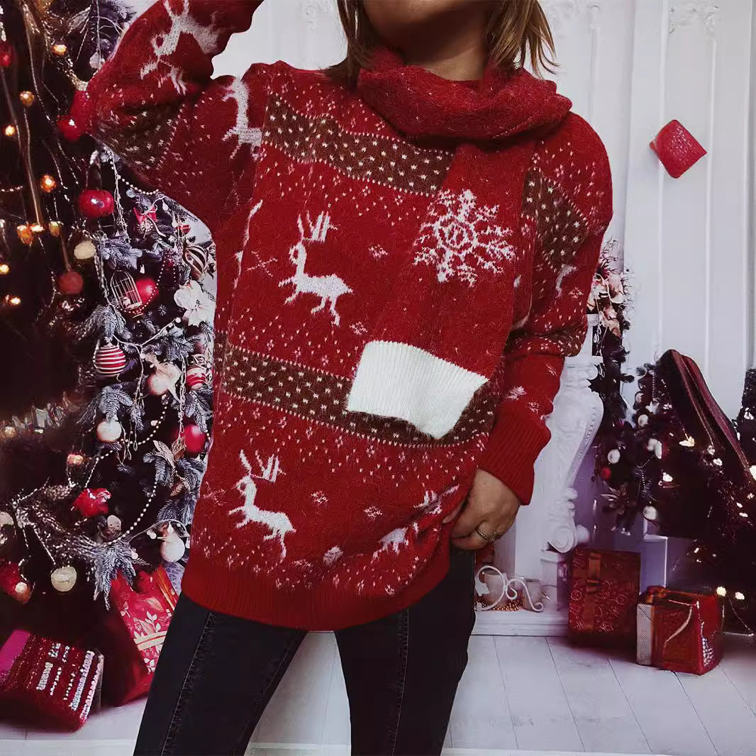Women's Knit Sweater with Festive Reindeer Motif and High Collar R&B
