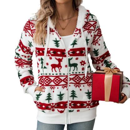 Women's Cozy Hooded Sweater with Festive Motif